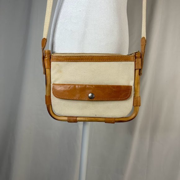 Vintage Slim Beige Tan Canvas Bamboo Frame Shoulder Mini Bag - Picture 1 of 9